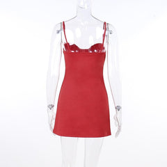 Sweetheart neck ruched solid backless cami mini dress  | red tango dress