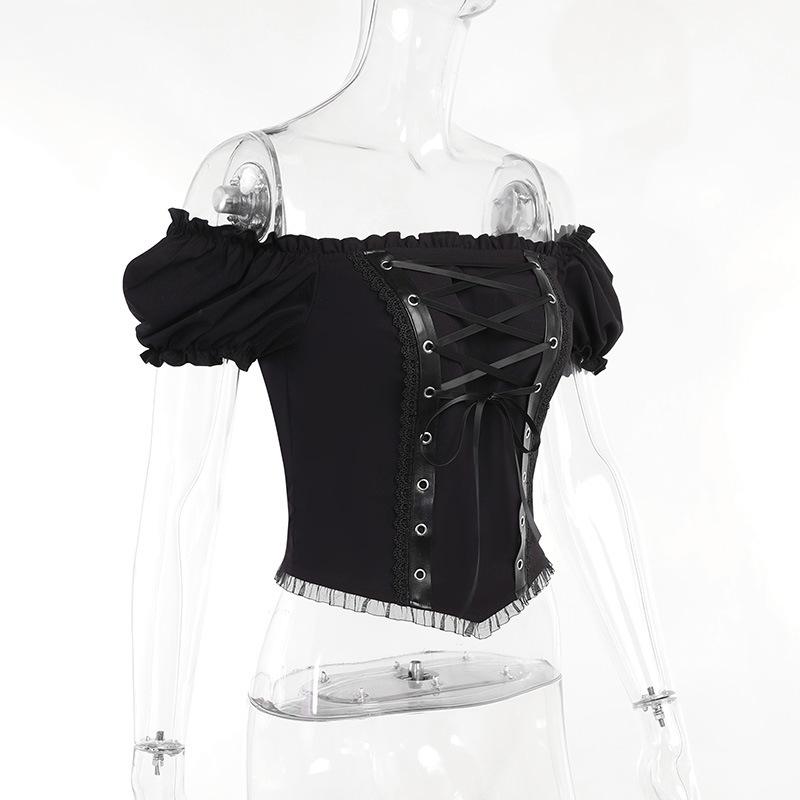 Short puff sleeve lace up self tie top