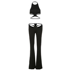 Halter hollow out solid backless pant set