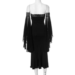 Off shoulder long sleeve mesh lace hem tube maxi dress