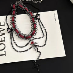 Rose cross PU leather layered choker necklace