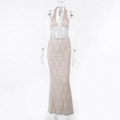 Halter v neck lace backless maxi dress