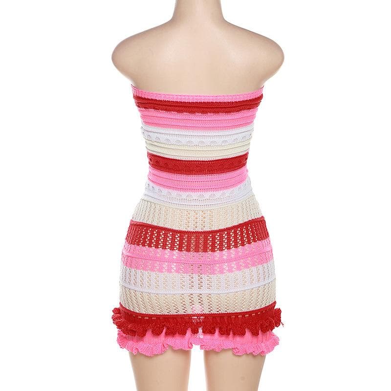Backless ruffle contrast striped crochet tube dress  | red tango dress