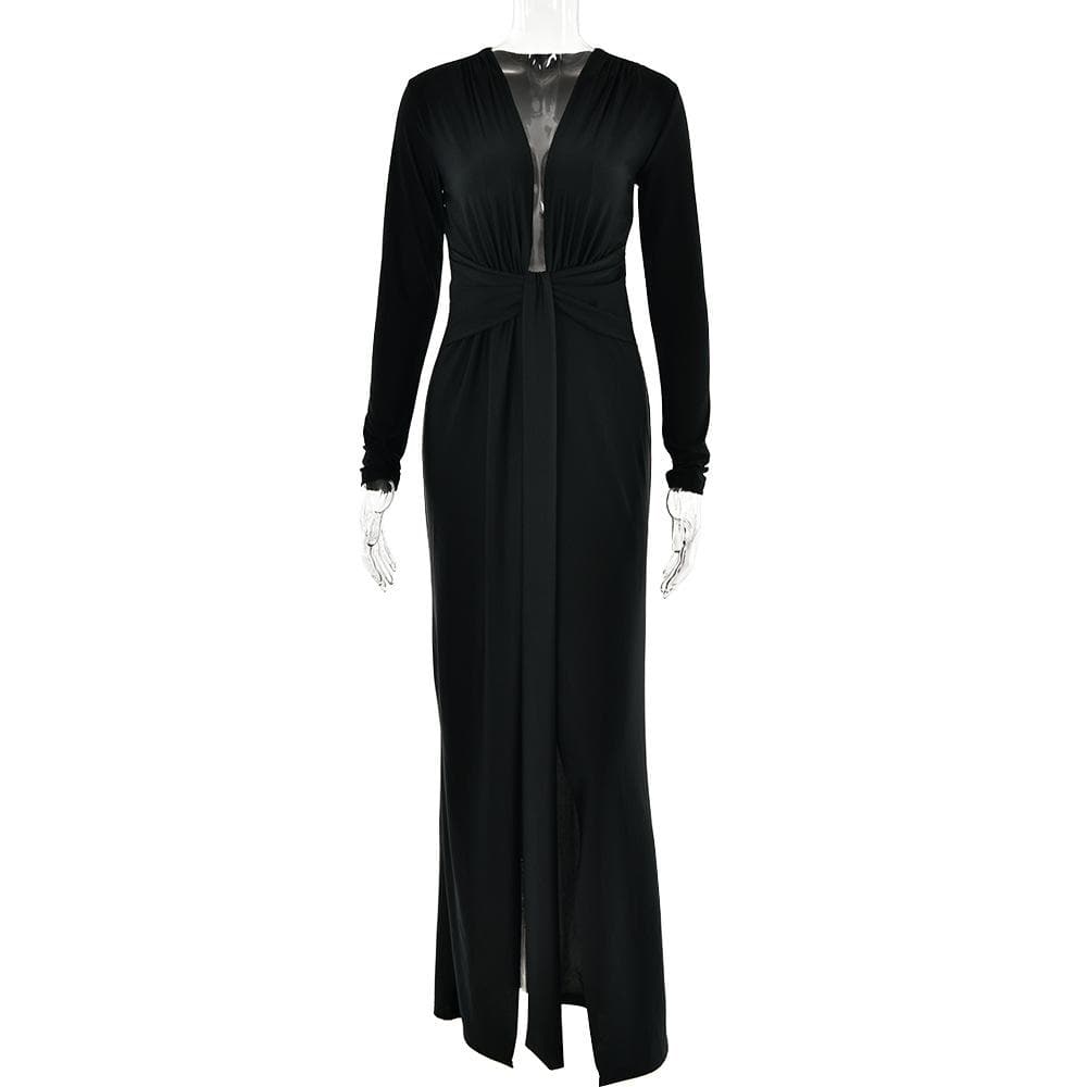 Long sleeve v neck ruched slit solid irregular maxi dress  | red tango dress