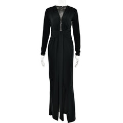 Long sleeve v neck ruched slit solid irregular maxi dress  | red tango dress
