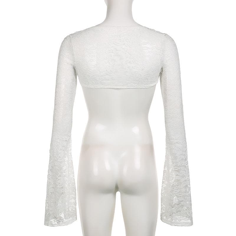 Flared sleeve lace hollow out solid shrug cut out top