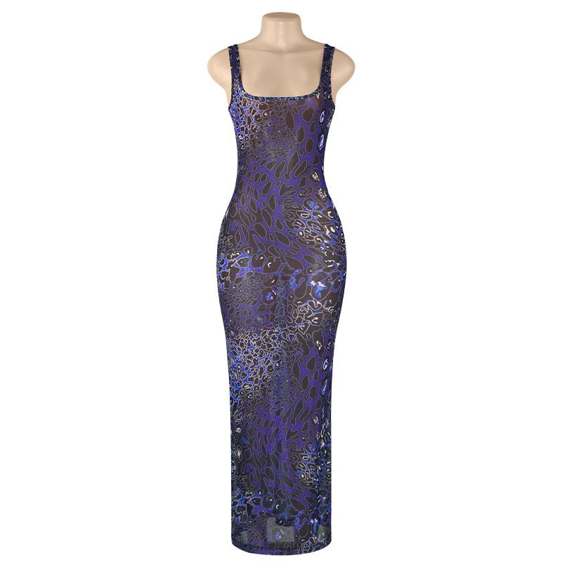 Print u neck hollow out sheer mesh cami maxi dress  | samba dress