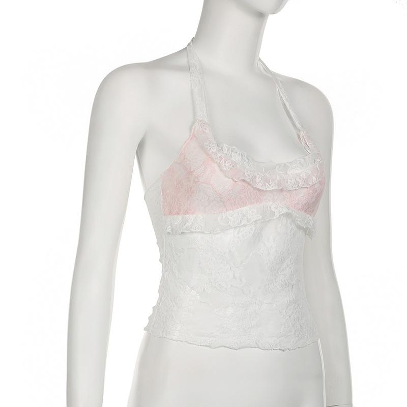 Halter u neck lace hem ruffle top