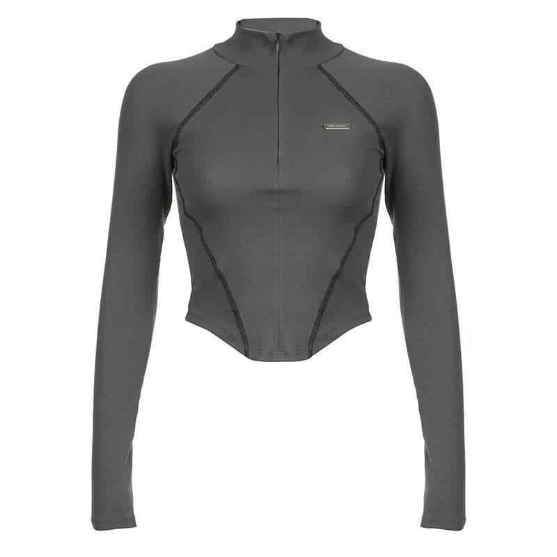 Zip-up long sleeve stitch solid high neck top