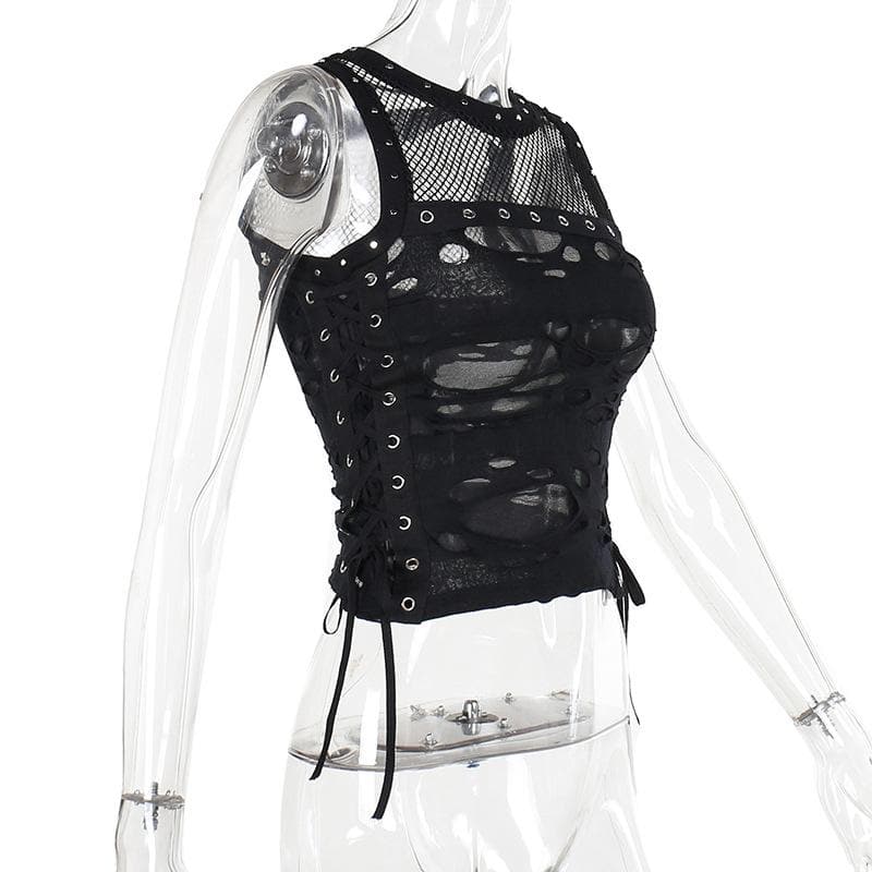 Crewneck fishnet buckle hollow out lace up tank cut out top