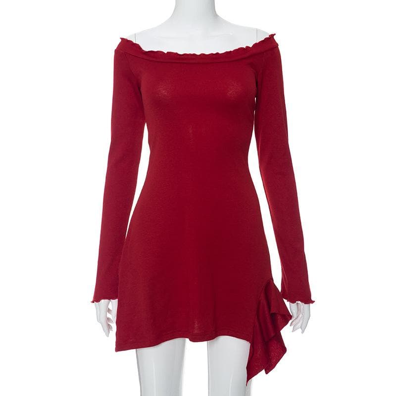 Ruffle solid long sleeve irregular off shoulder mini dress  | red tango dress