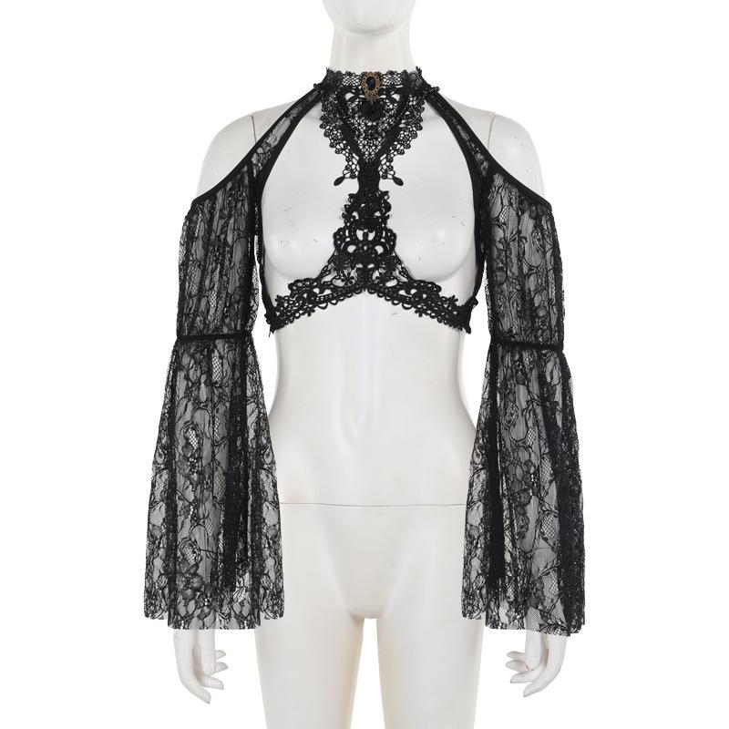 Long sleeve off shoulder lace hollow out shrug top