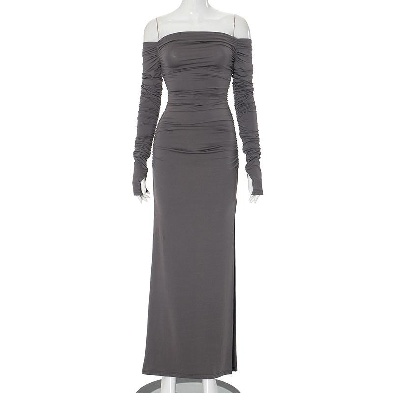 Off shoulder long sleeve slit ruched maxi dress