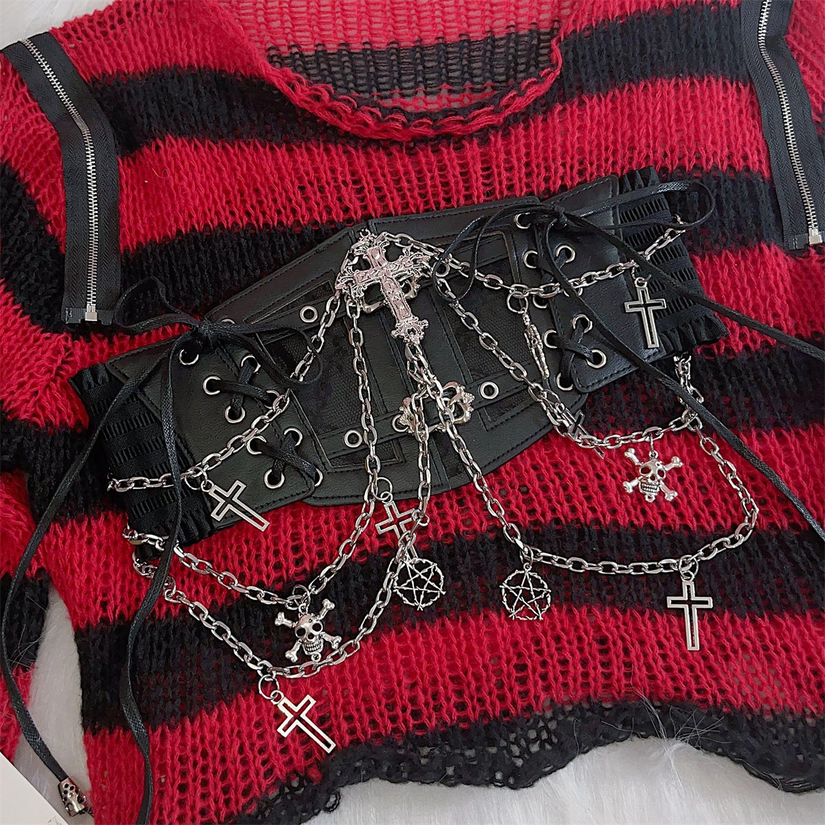 PU leather metal chain cross applique waist chain