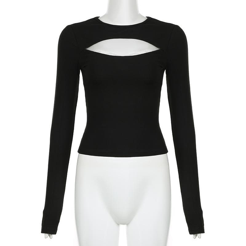 Lace hem hollow out contrast crewneck long sleeve cut out top
