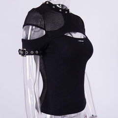 Fishnet patchwork hollow out short sleeve buckle cut out top