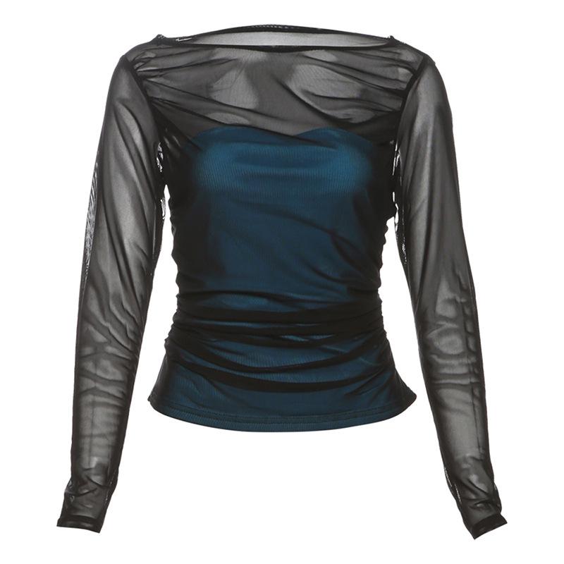 Long sleeve ruched mesh patchwork top