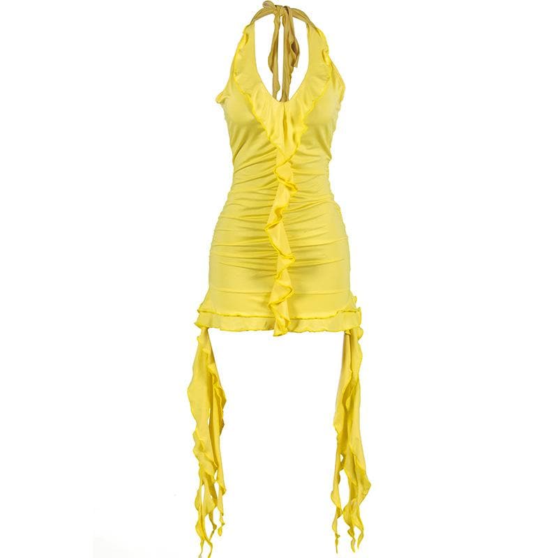 Self tie halter ruffle ruched v neck ribbon backless mini dress  | red tango dress