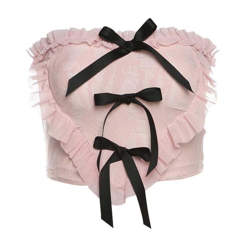 Heart pattern ruffle bowknot textured tube top