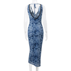 V neck lace hem print mesh knotted midi dress