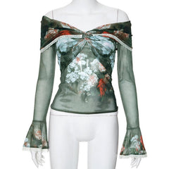 Long flared sleeve off shoulder sheer mesh print lace top