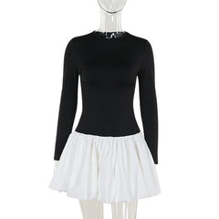 Long sleeve crewneck patchwork mini dress