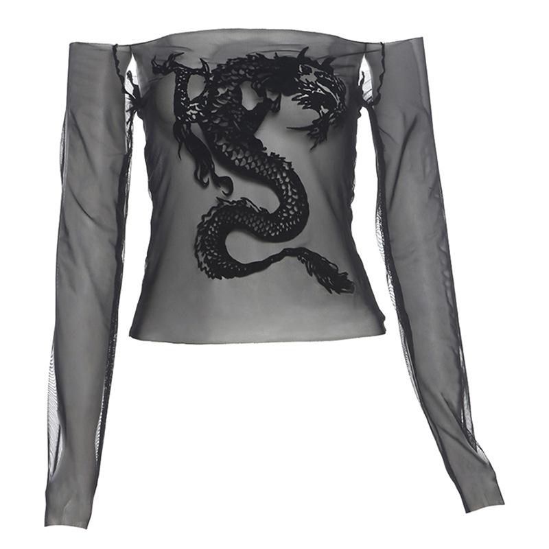 Long sleeve off shoulder dragon print sheer mesh top