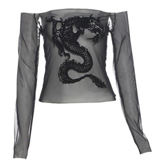 Long sleeve off shoulder dragon print sheer mesh top