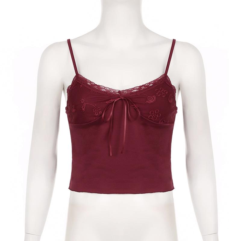 Lace patchwork bowknot backless cami top