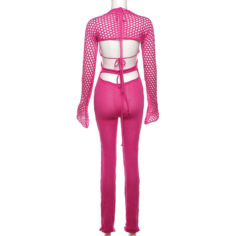 Long sleeve shrug halter knitted hollow out jumpsuit
