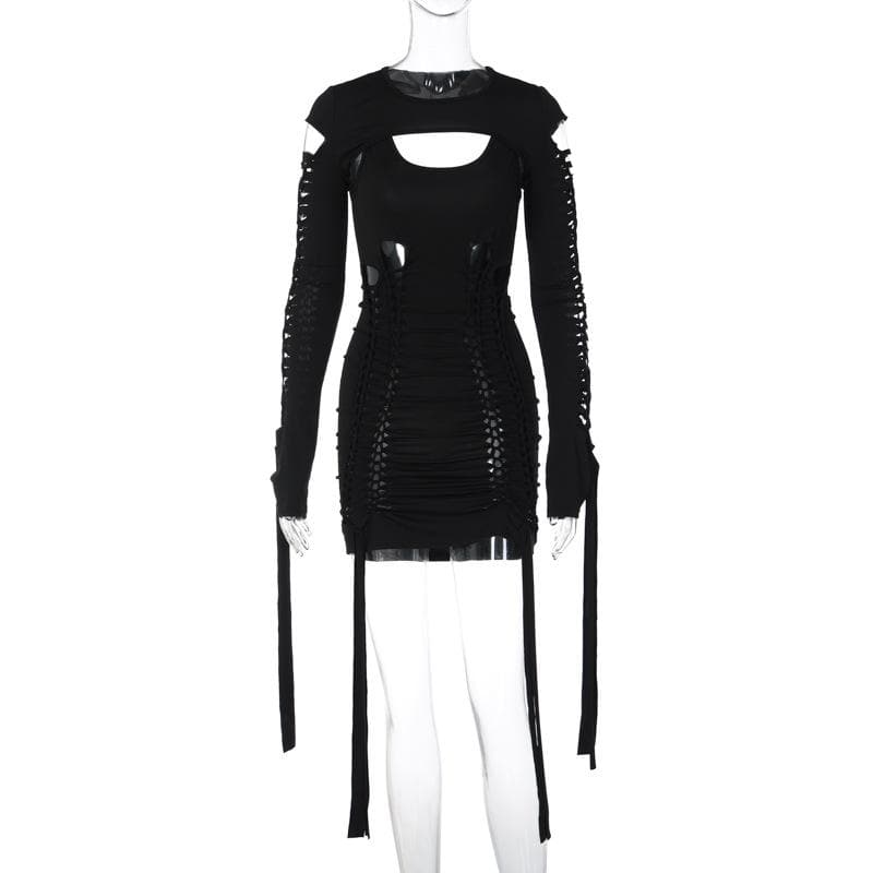 Hollow out solid long sleeve shrug ribbon u neck 2 piece dress  | red tango dress