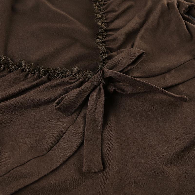 V neck long sleeve lace hem ruched bowknot top