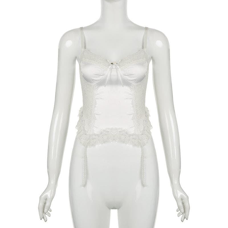 Satin patchwork lace bowknot ruffle ruched cami top