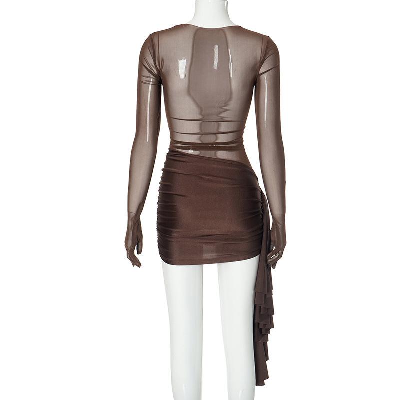 Long sleeve mesh patchwork ruched mini dress