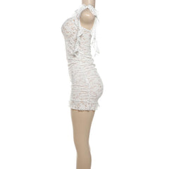 Lace see through one shoulder ruffle knotted ruched mini dress