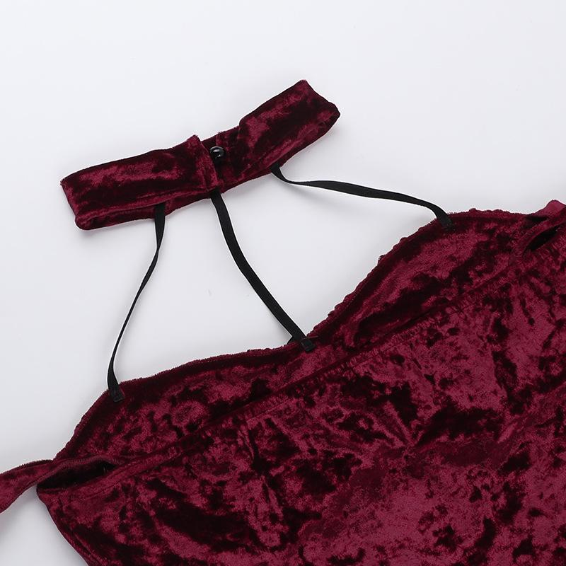 Halter velvet cross applique lace up top