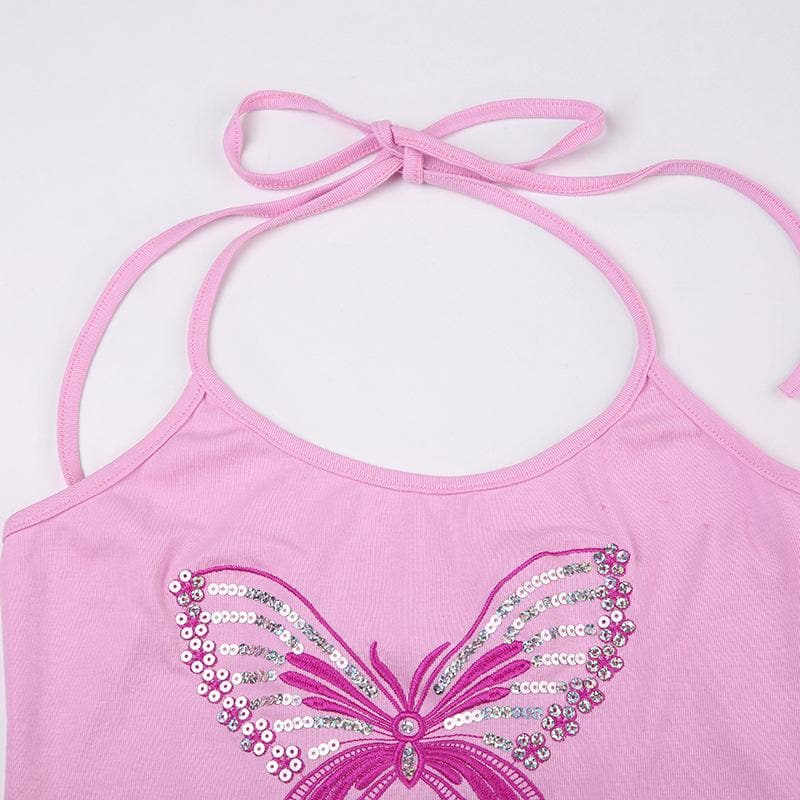 Halter backless glitter embroidery butterfly pattern top