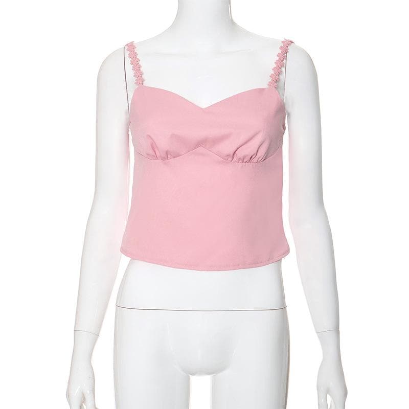 Sweetheart neck flower embroidery zip-up cami top