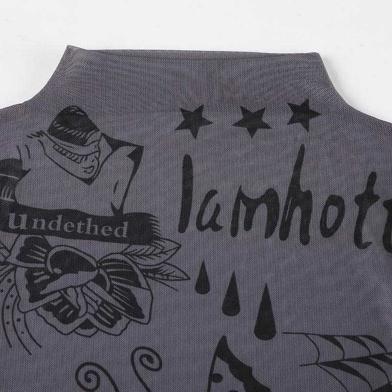High neck long sleeve mesh butterfly print top