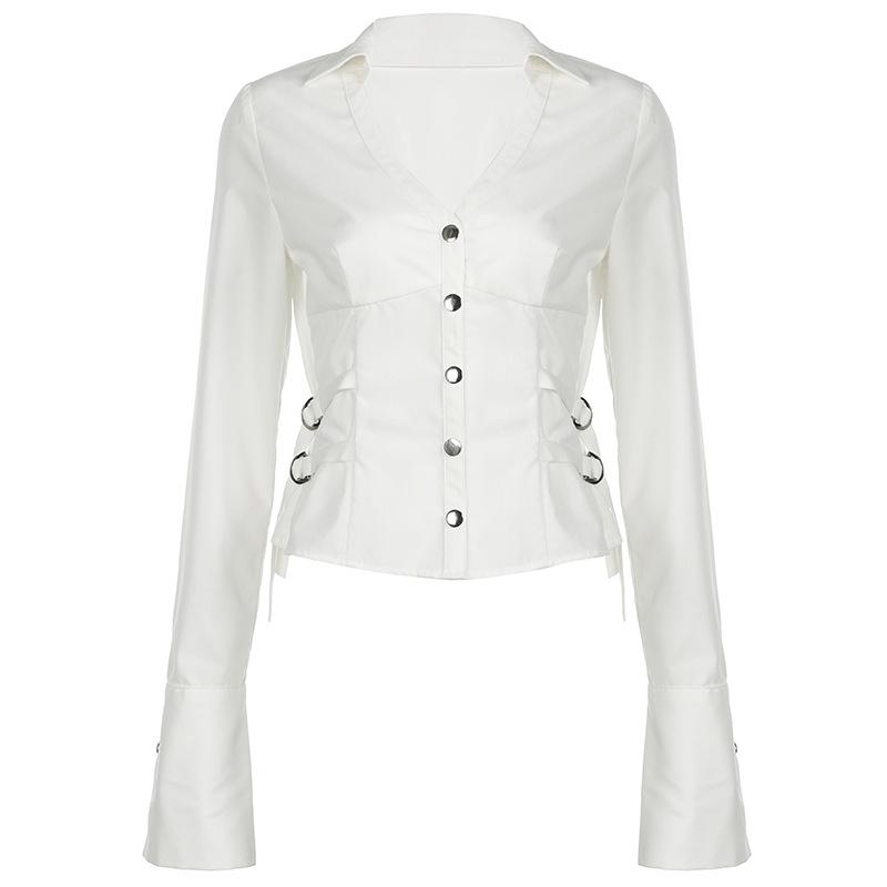 Turnover collar long sleeve button top
