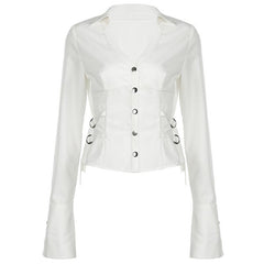 Turnover collar long sleeve button top