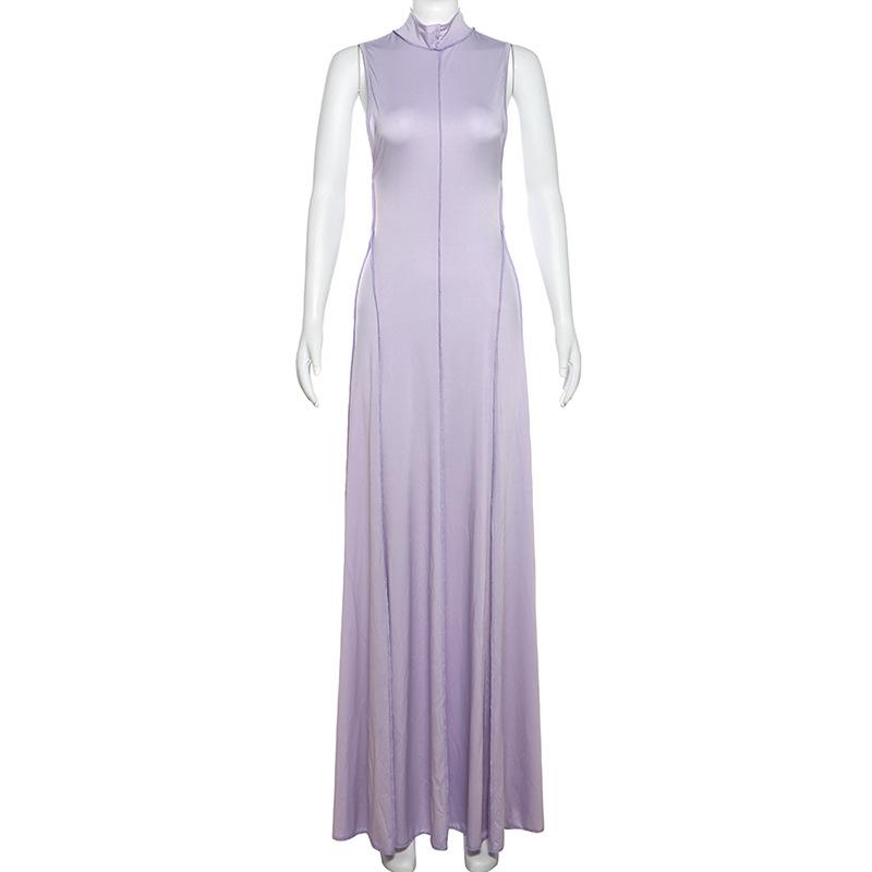 High neck stitch halter backless solid maxi dress