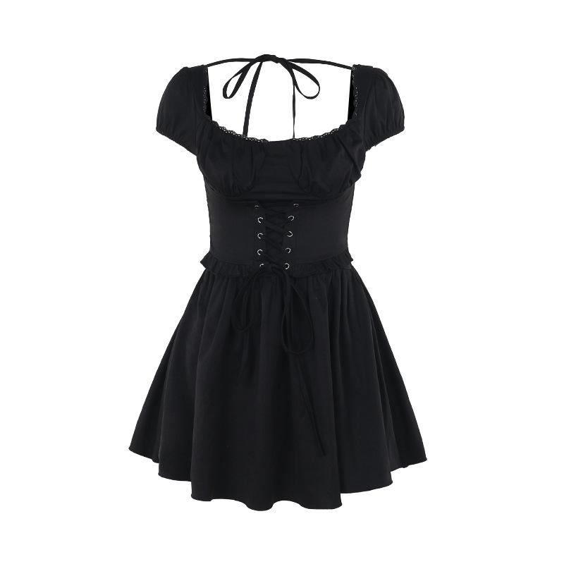 Puff sleeve ruched lace up smocked mini dress