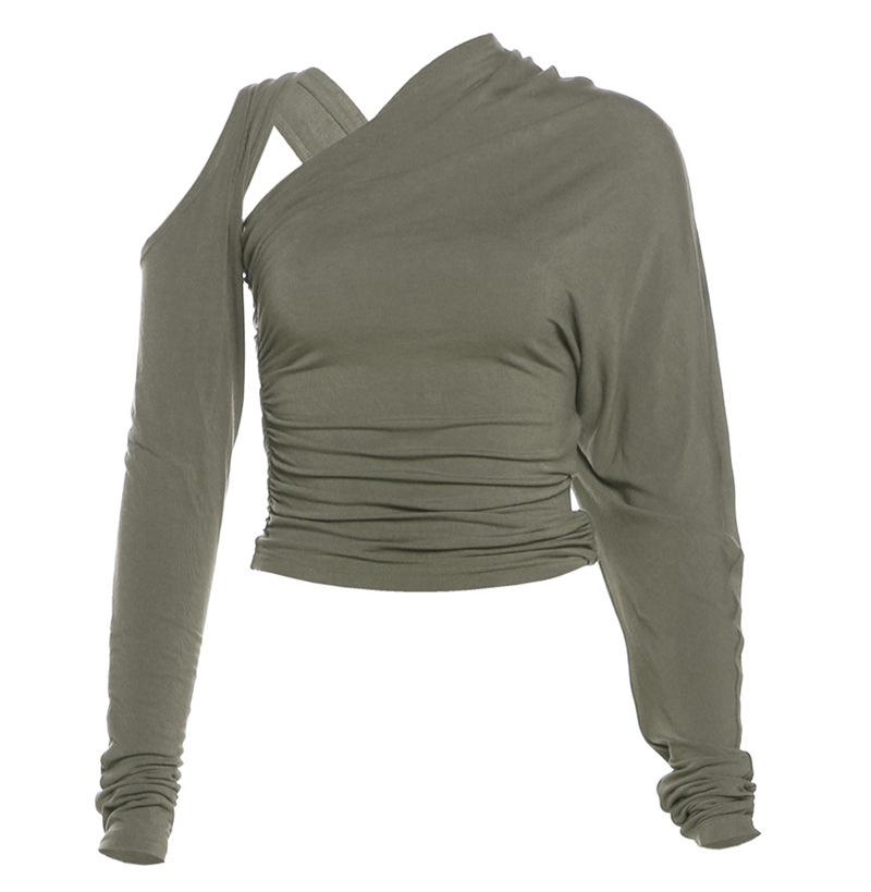 Long sleeve irregular hollow out ruched solid top