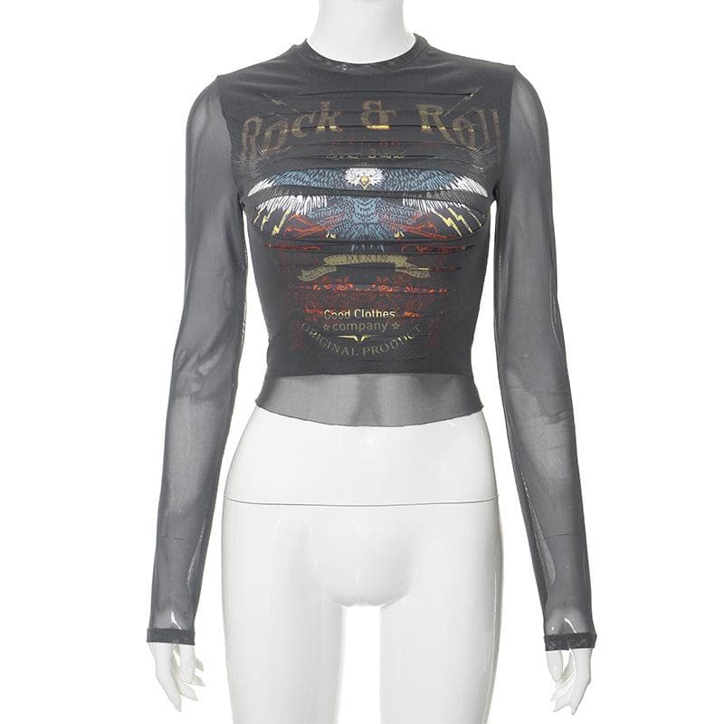 Long sleeve crewneck eagle print mesh top