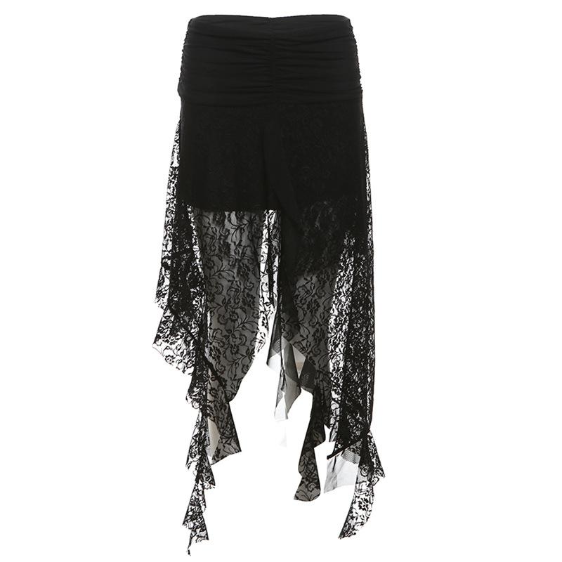Lace mesh patchwork ruched ruffle midi skirt