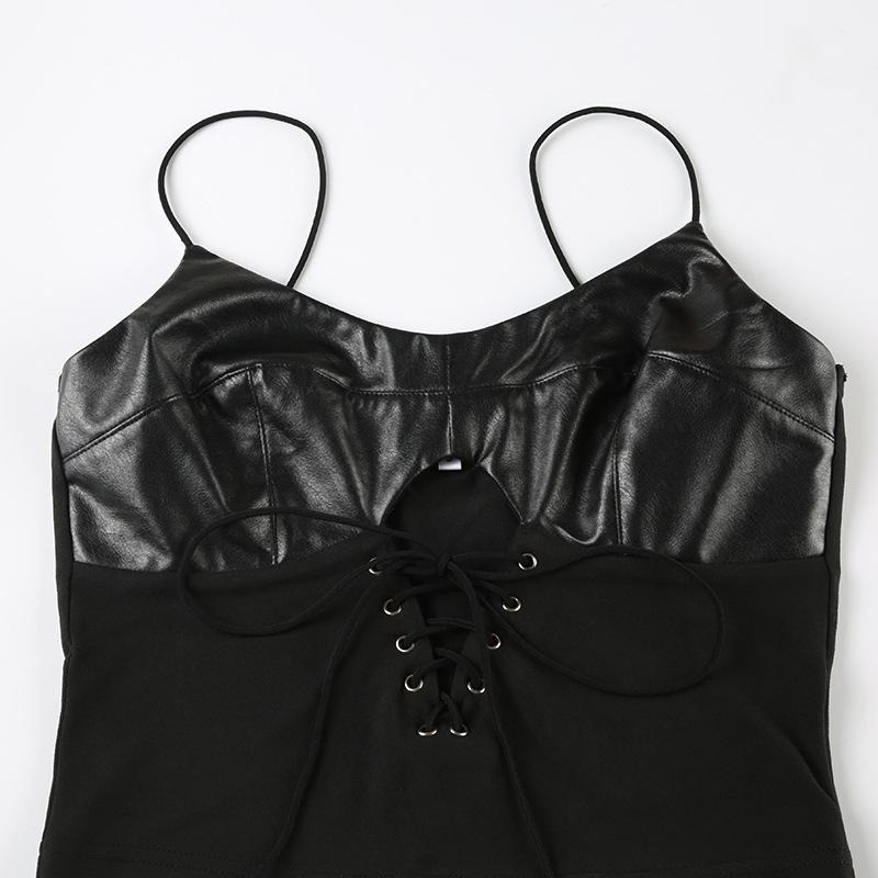 PU leather patchwork lace up cami top