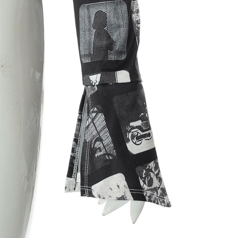Turnover collar buttoned flared long sleeve print top