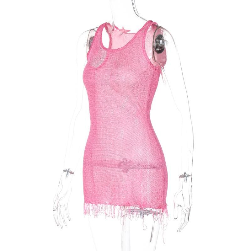 Sleeveless u neck tassels knitted mini dress  | red tango dress