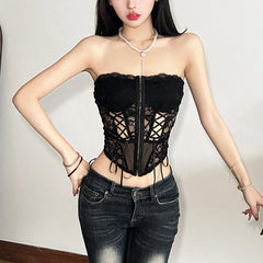 Lace hollow out lace up button tube top